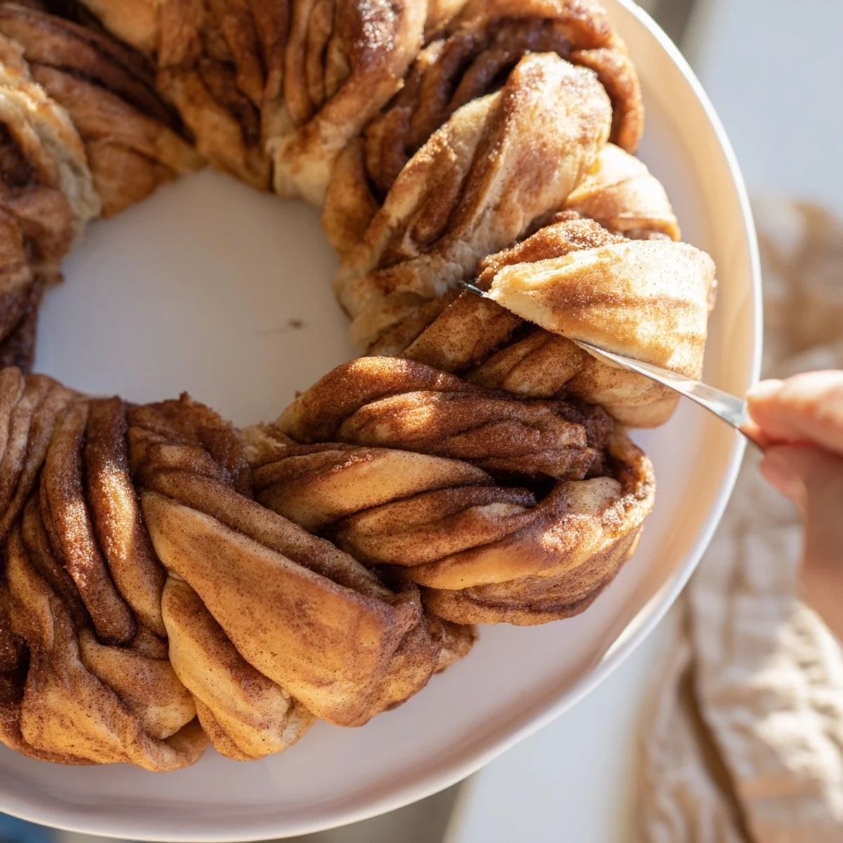 Fluffy, golden brown Cinnamon Roll Pull-Apart Wreath, beautifully glazed and perfect for sharing with friends.
