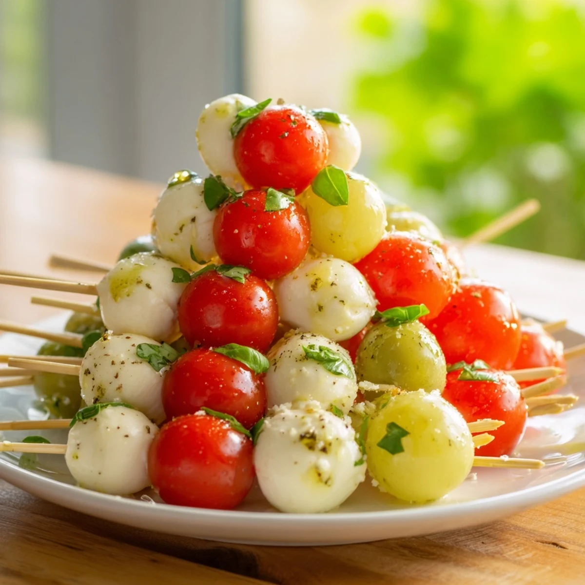 Vibrant Red and Green Caprese Skewer Tree, showcasing Italian flavors with fresh mozzarella and basil.
