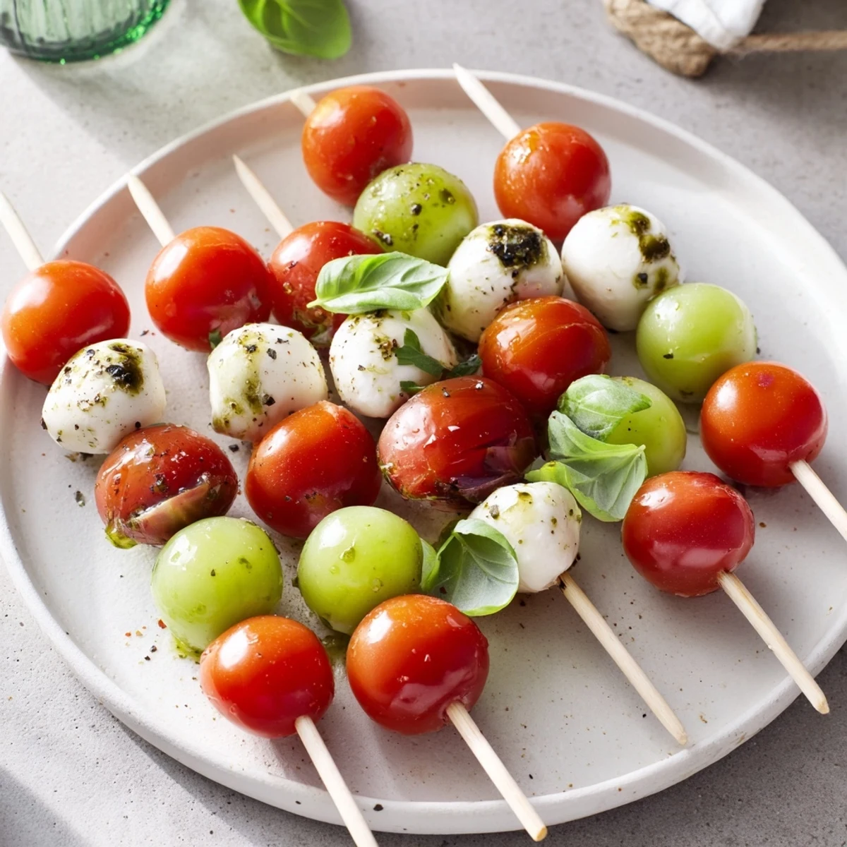 Christmas tree shaped Red and Green Caprese Skewers, a delightful holiday appetizer with juicy tomatoes.