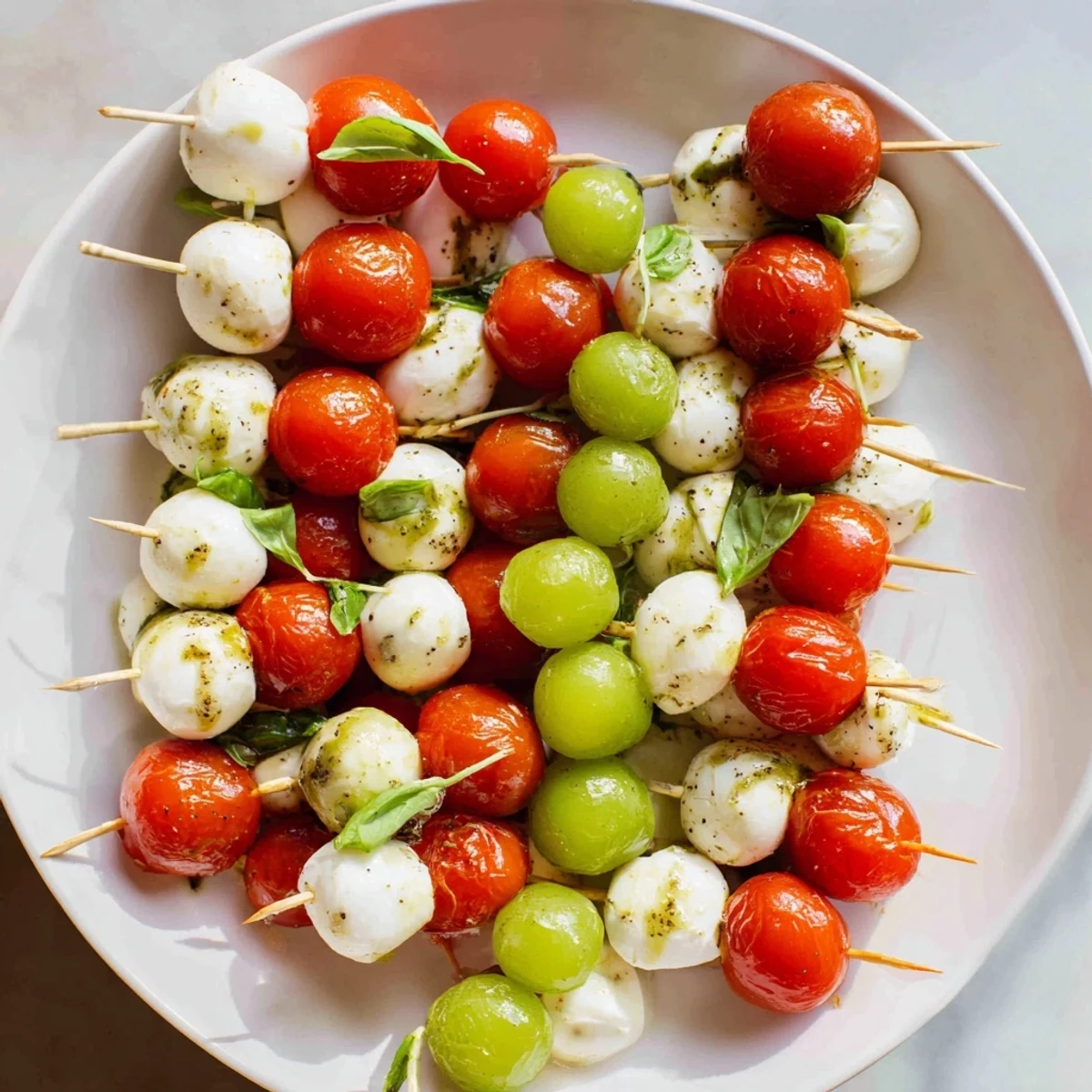 Homemade Red and Green Caprese Skewer Tree arranged beautifully, great for festive parties and gatherings.