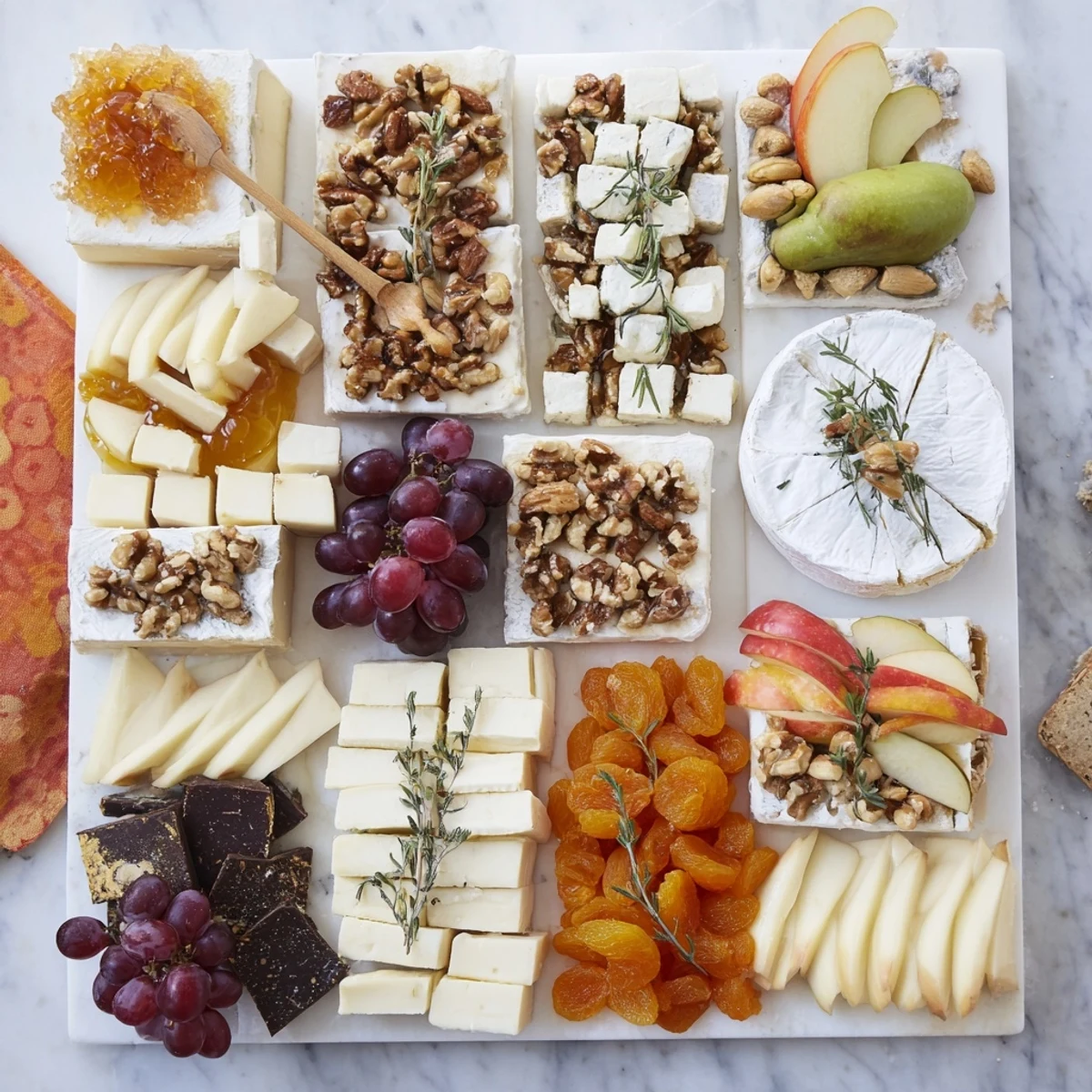 A colorful Twelve Days of Cheese Board featuring assorted cheeses, crackers, and delicious accompaniments for a festive holiday.