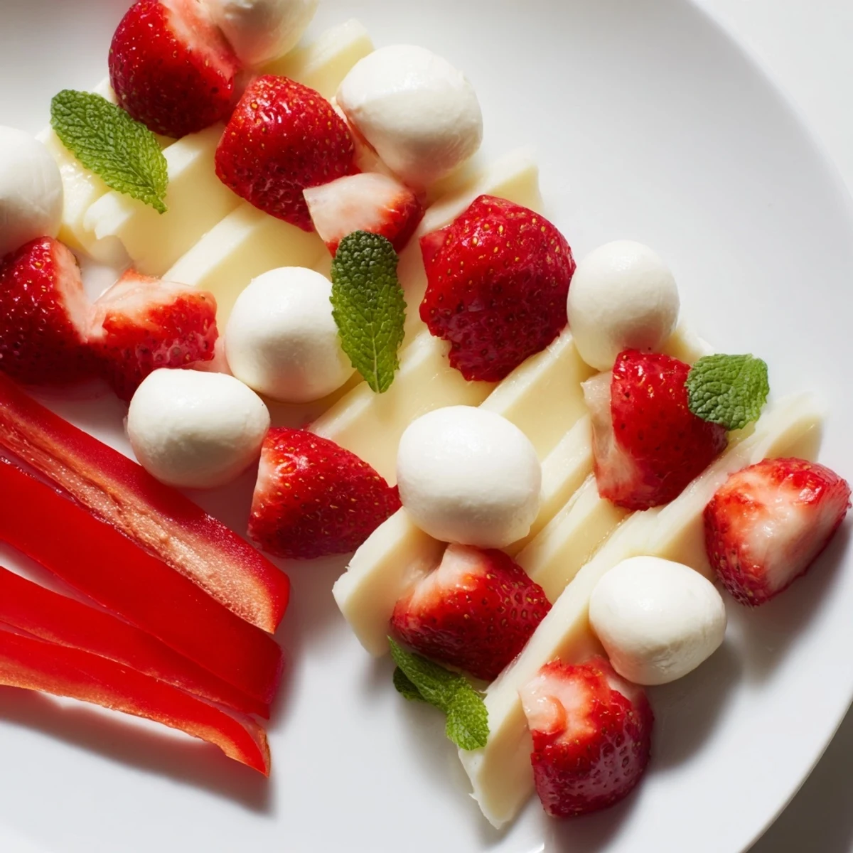 Peppermint Stripe Celebration platter with vibrant red berries and white cheeses arranged attractively.