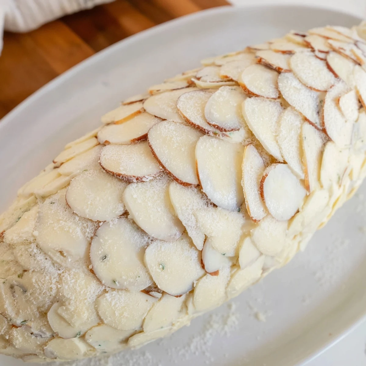 Snowy Pinecone Centerpiece with glistening powdered sugar, a delightful and edible winter holiday appetizer.