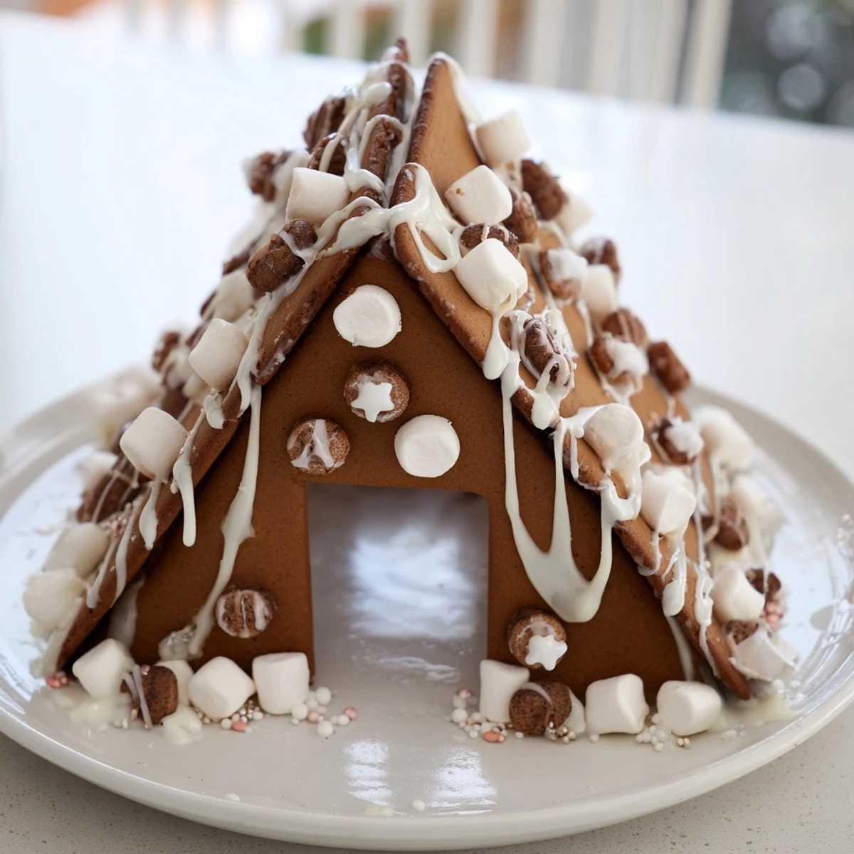 This beautifully decorated gingerbread house frame shows off a delicious dessert arrangement filled with candies and joy.