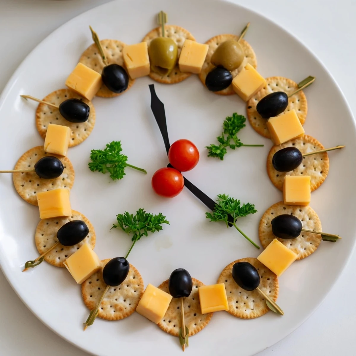 New Year's Clock Countdown appetizer shows crackers, cheese, and olives set to midnight on a party platter.