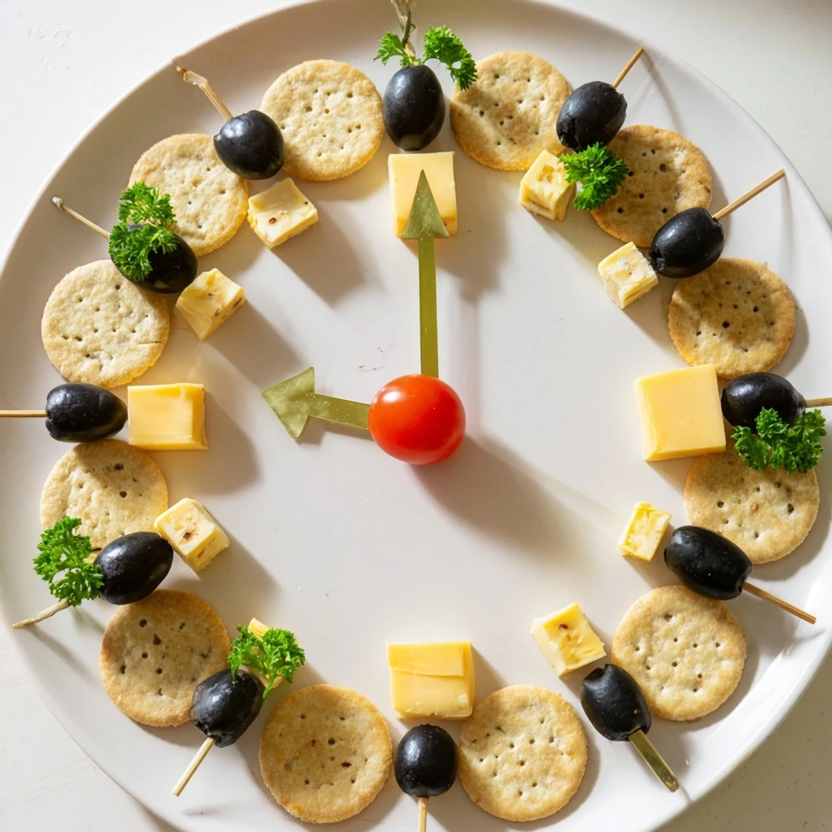 A delicious New Year's Clock Countdown showcases a cheese and olive clock face, perfect for entertaining.