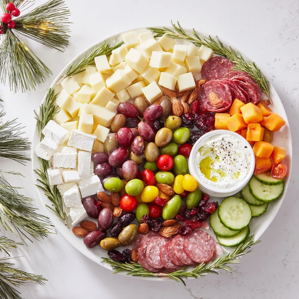 Festively arranged Evergreen Wreath Board: colorful cheeses, meats, fruit, and nuts around a dip.