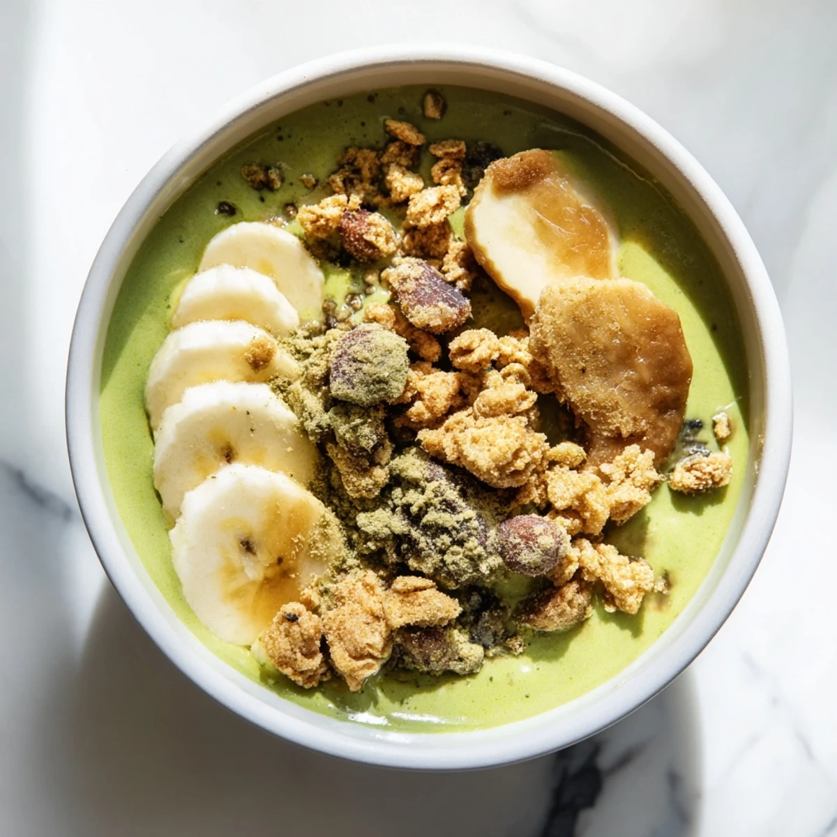 Creamy green Gingerbread Cookie Matcha Breakfast Smoothie Bowl, accented with mini gingerbread cookie crumbles and fresh berries.