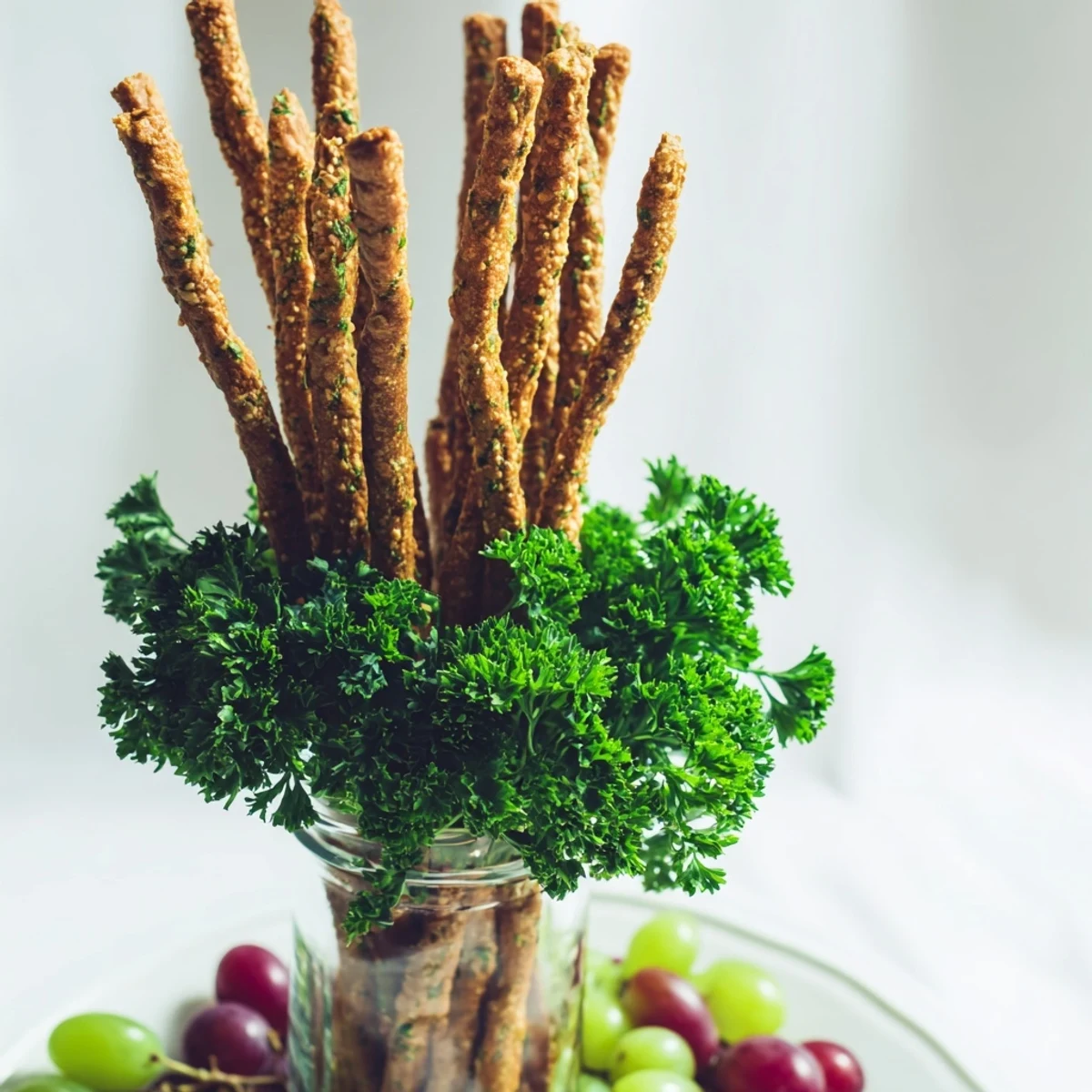 Fresh breadsticks stand tall in jars, composing a unique Vertical Forest appetizer with grapes.