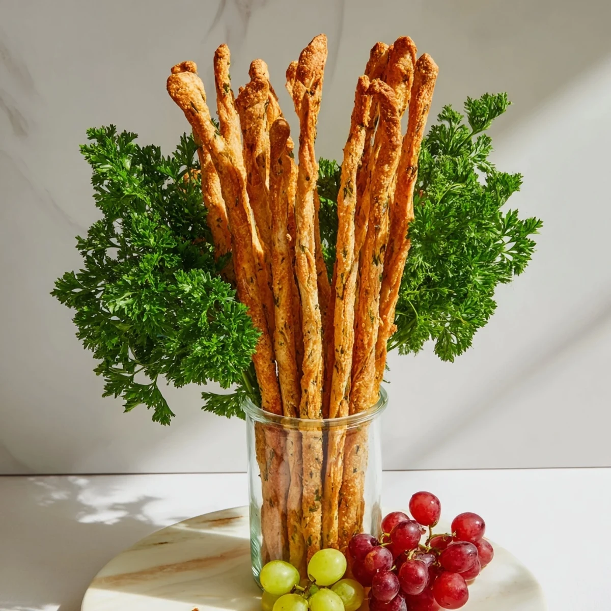 Vibrant parsley and grapes encircle the vertical breadsticks, creating a visually stunning Vertical Forest snack platter.