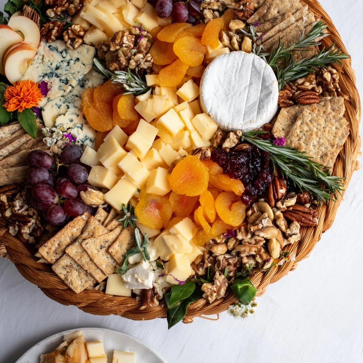 Autumn Harvest Horn of Plenty overflowing with colorful dried fruits, nuts, and cheeses, ready to serve.