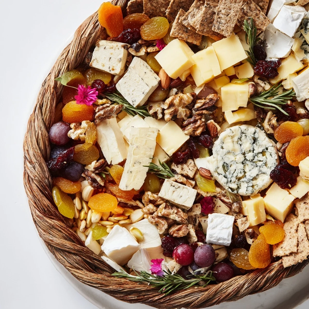 The rustic Autumn Harvest Horn of Plenty features a bountiful cheese and fruit selection for entertaining.