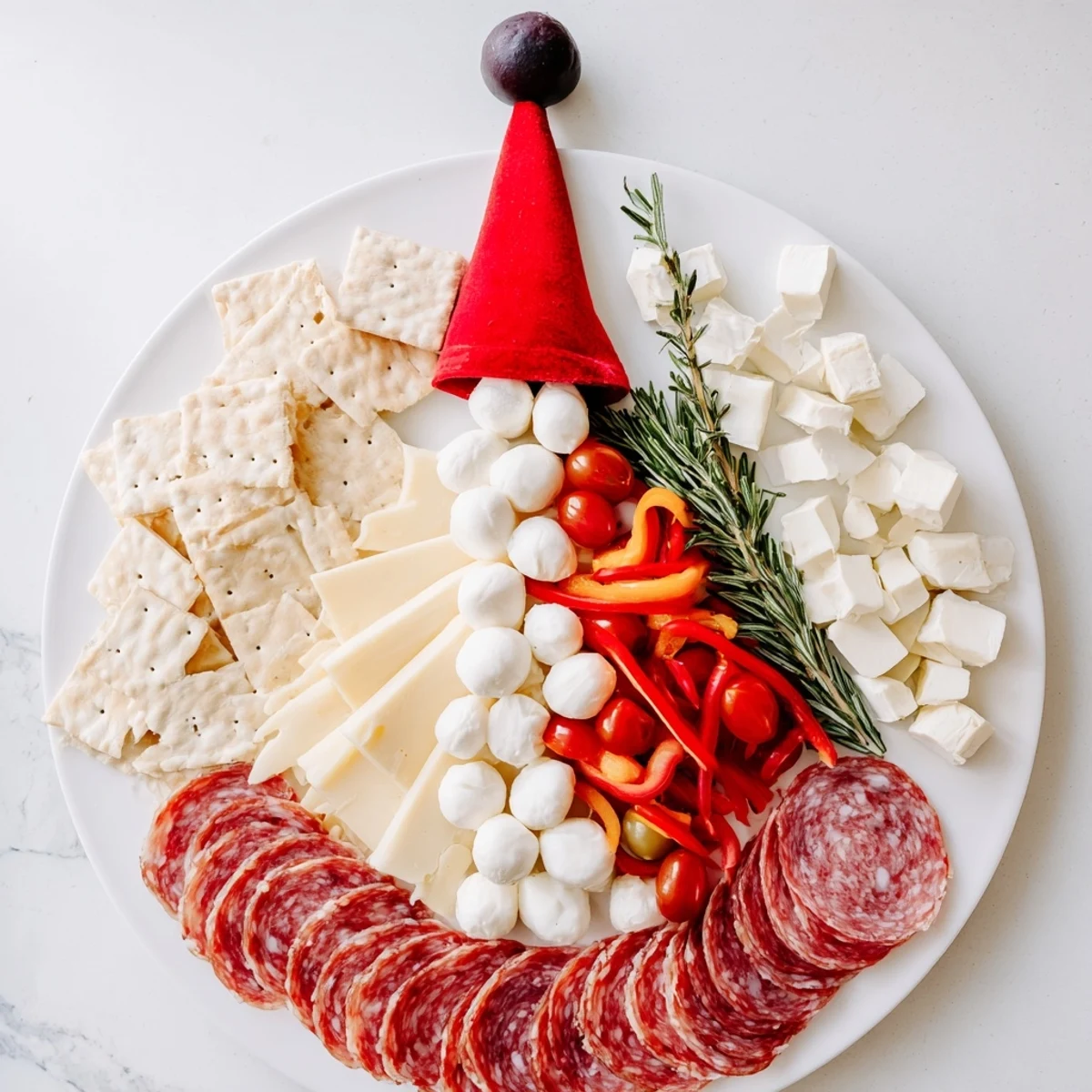 Santa's Beard and Hat Board: A festive appetizer featuring creamy cheeses and cured meats, perfect for holiday gatherings.