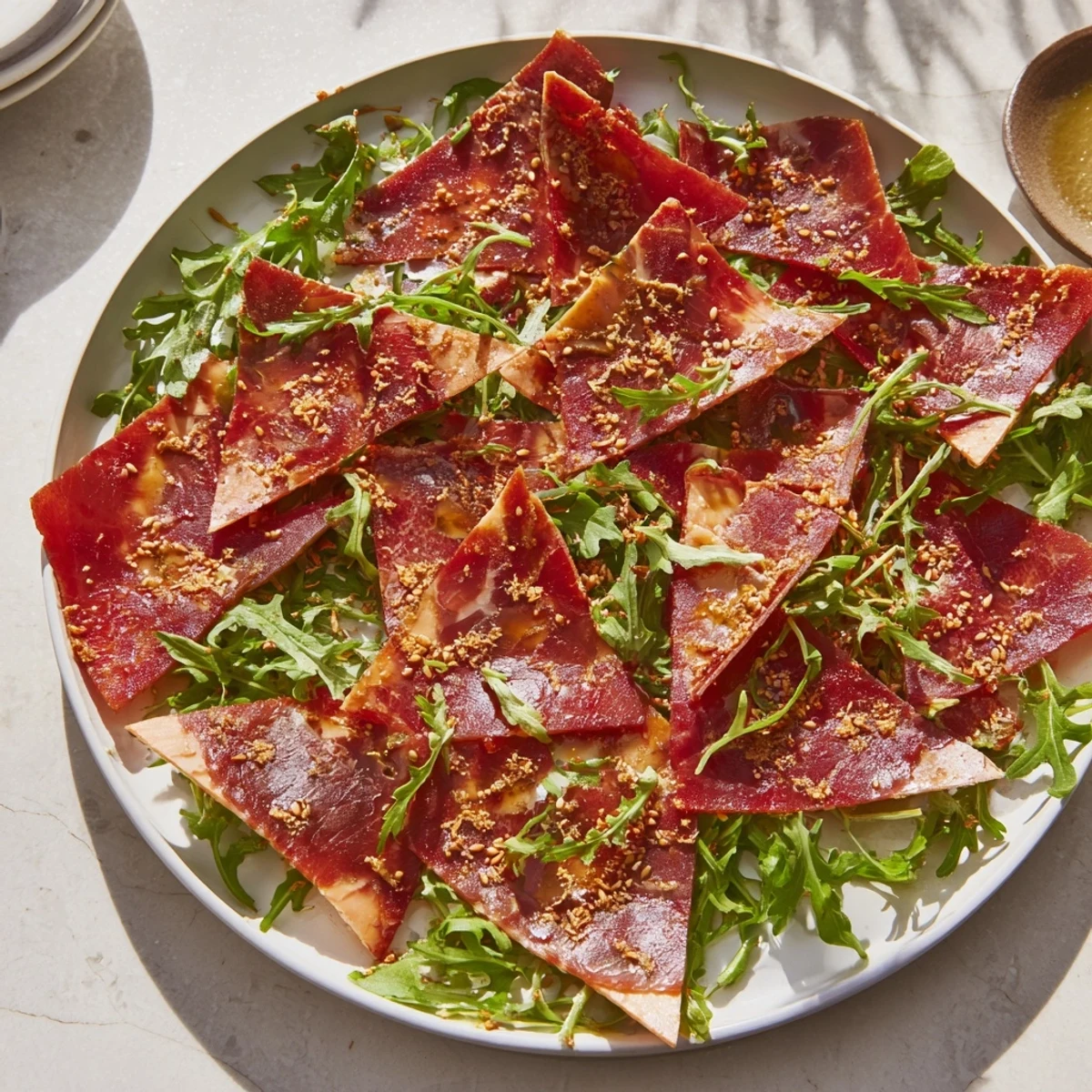 Beautifully folded Origami Fold Beef Appetizer, garnished with fresh herbs and a drizzle of marinade.