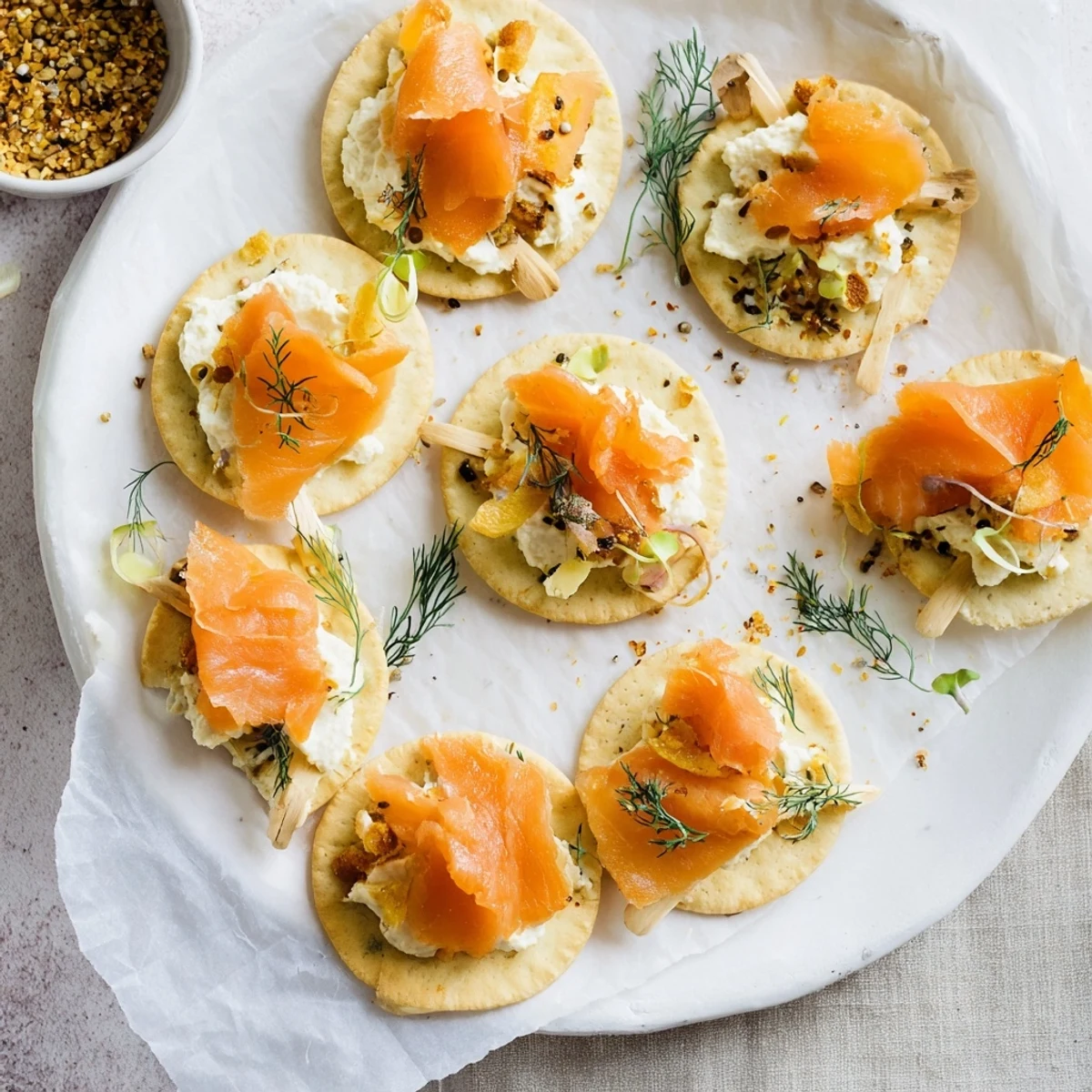 The Driftwood Beach appetizer: delicate smoked fish and creamy hummus, a visually stunning coastal scene.