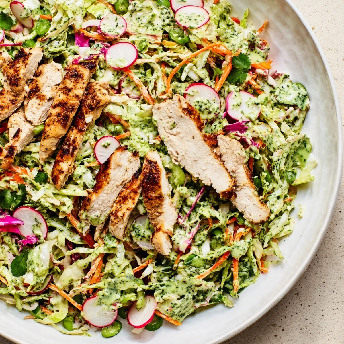 This Green Goddess Cabbage Slaw with Grilled Chicken boasts colorful veggies and creamy, herbed dressing with the chicken.