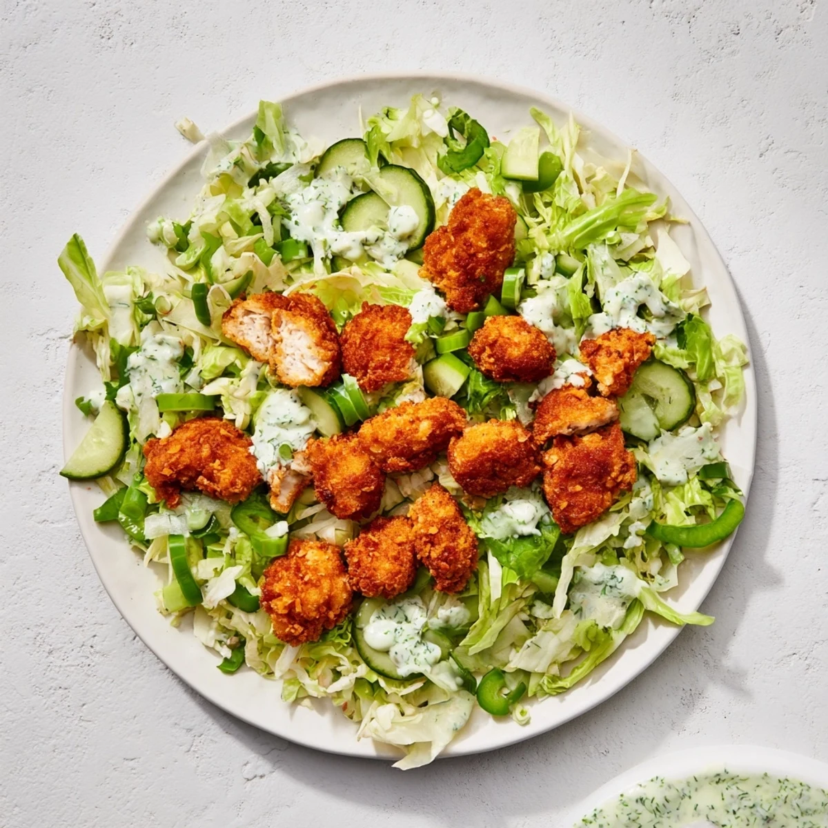 Golden, crispy chicken nuggets crown a vibrant Green Goddess Nugget Salad, perfect for a refreshing lunch.