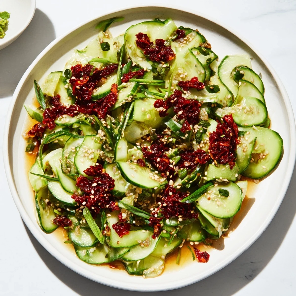 Crisp, refreshing Cucumber Shaker Salad; vibrant green cucumbers with a chili crisp dollop.