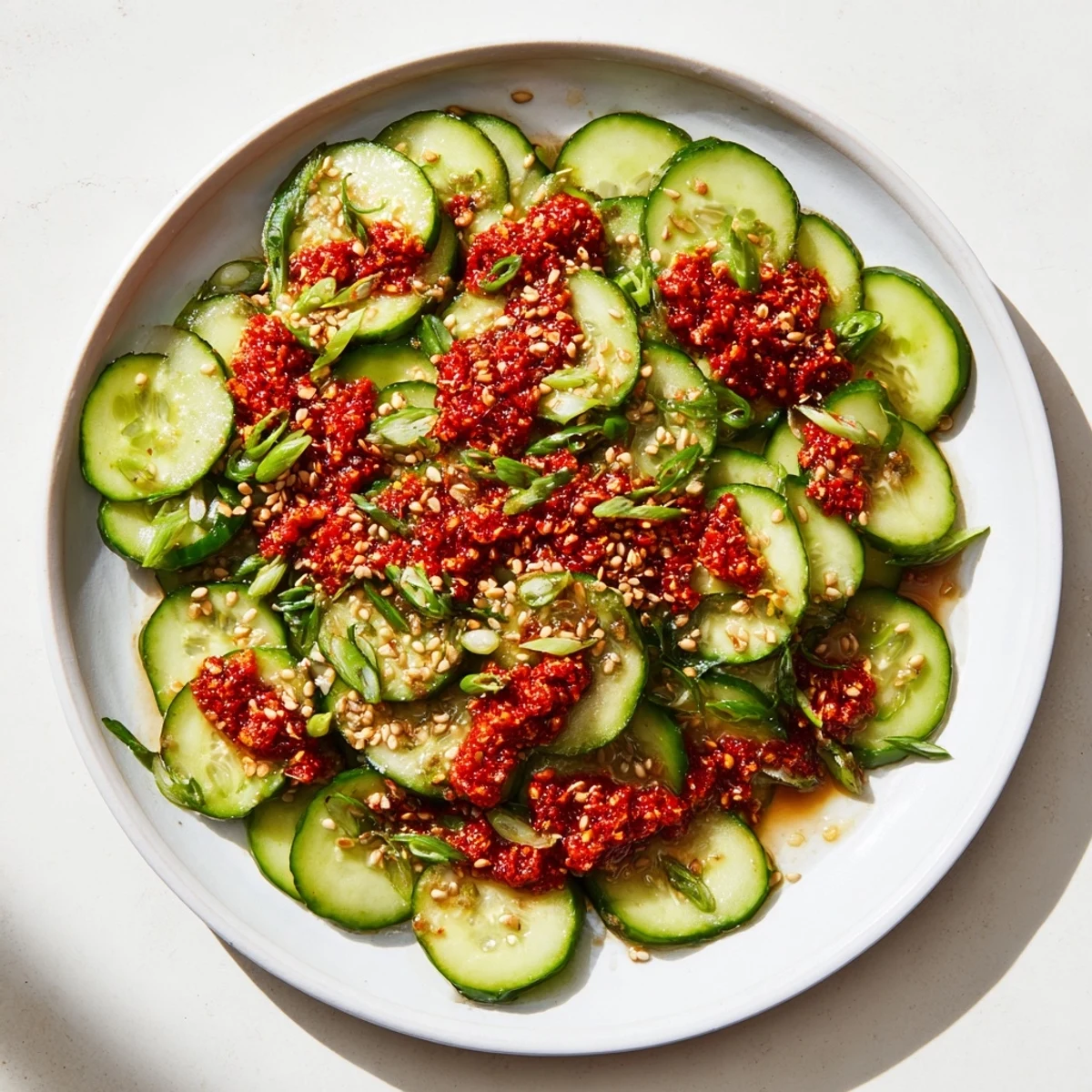 A beautiful bowl of Cucumber Shaker Salad, garnished with sesame seeds and chili crisp.