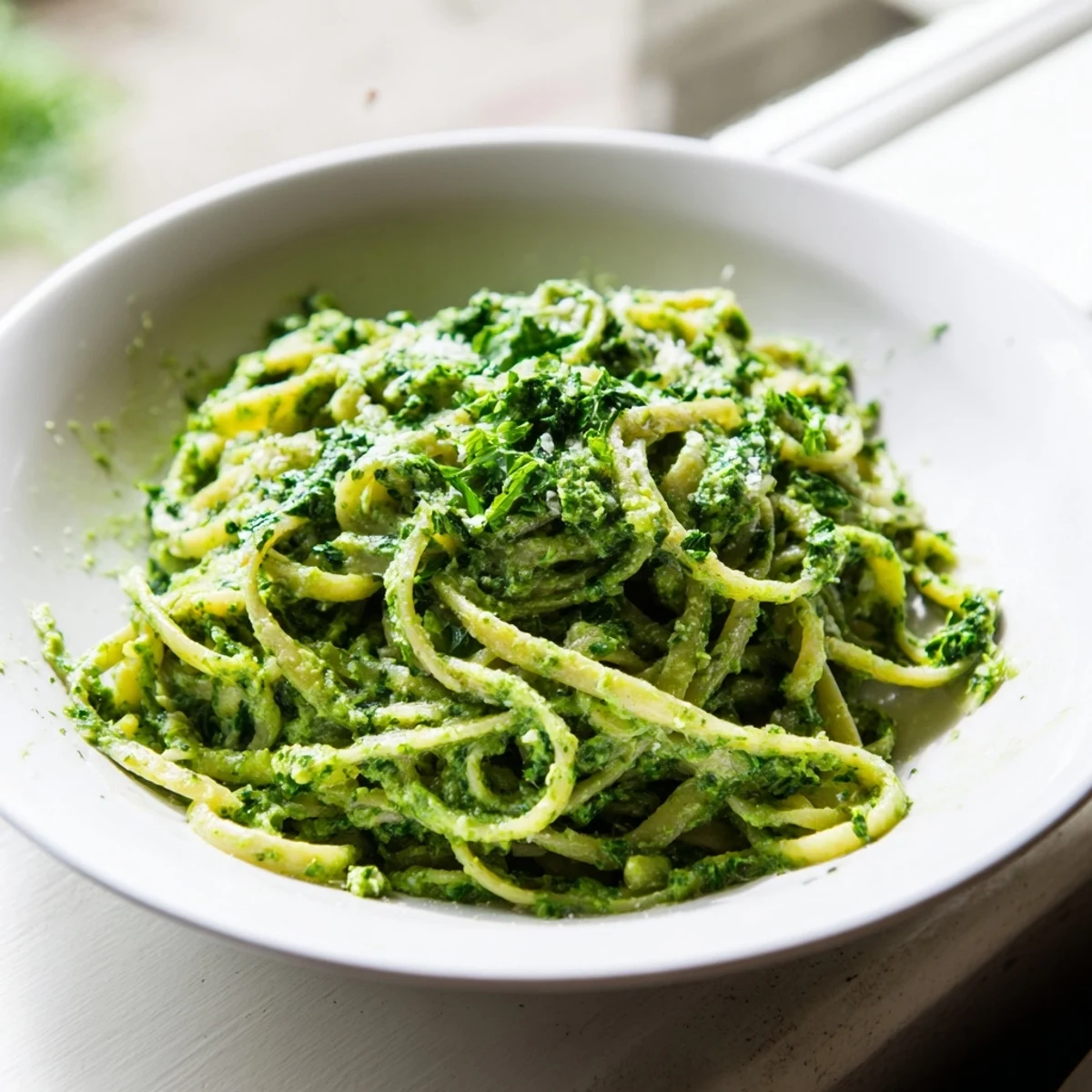 Creamy Green Goddess Pasta Sauce coats linguine, a vibrant vegetarian pasta dish ready to serve.