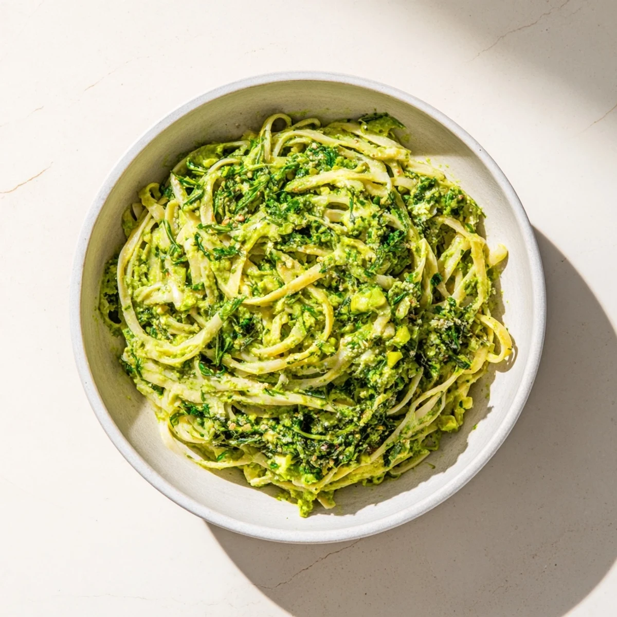 This bowl of Green Goddess Pasta Sauce features a smooth, inviting texture, perfect for a flavorful meal.