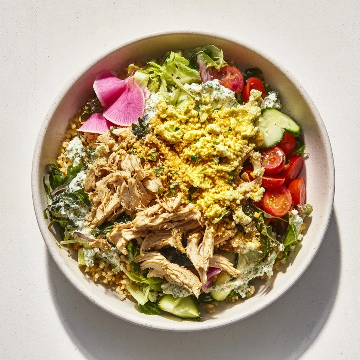 A party-perfect platter: Imagine layered Green Goddess Chicken Nacho Dip with vibrant toppings and savory chicken.