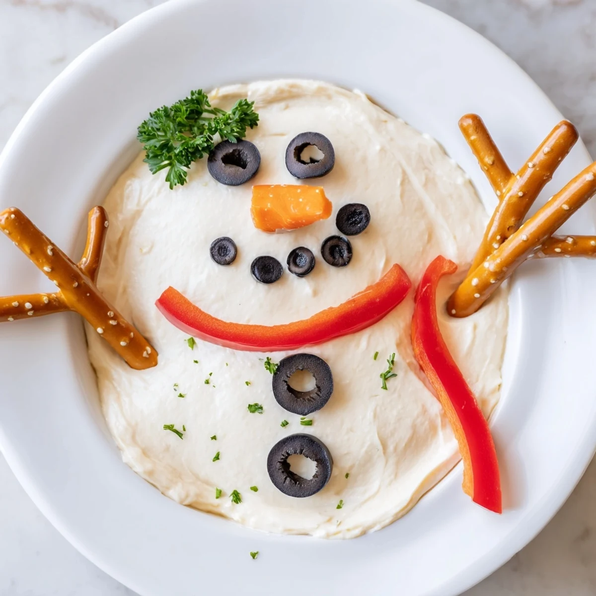 A whimsical view of creamy Melted Snowman Dip, complete with a carrot nose and olive eyes.
