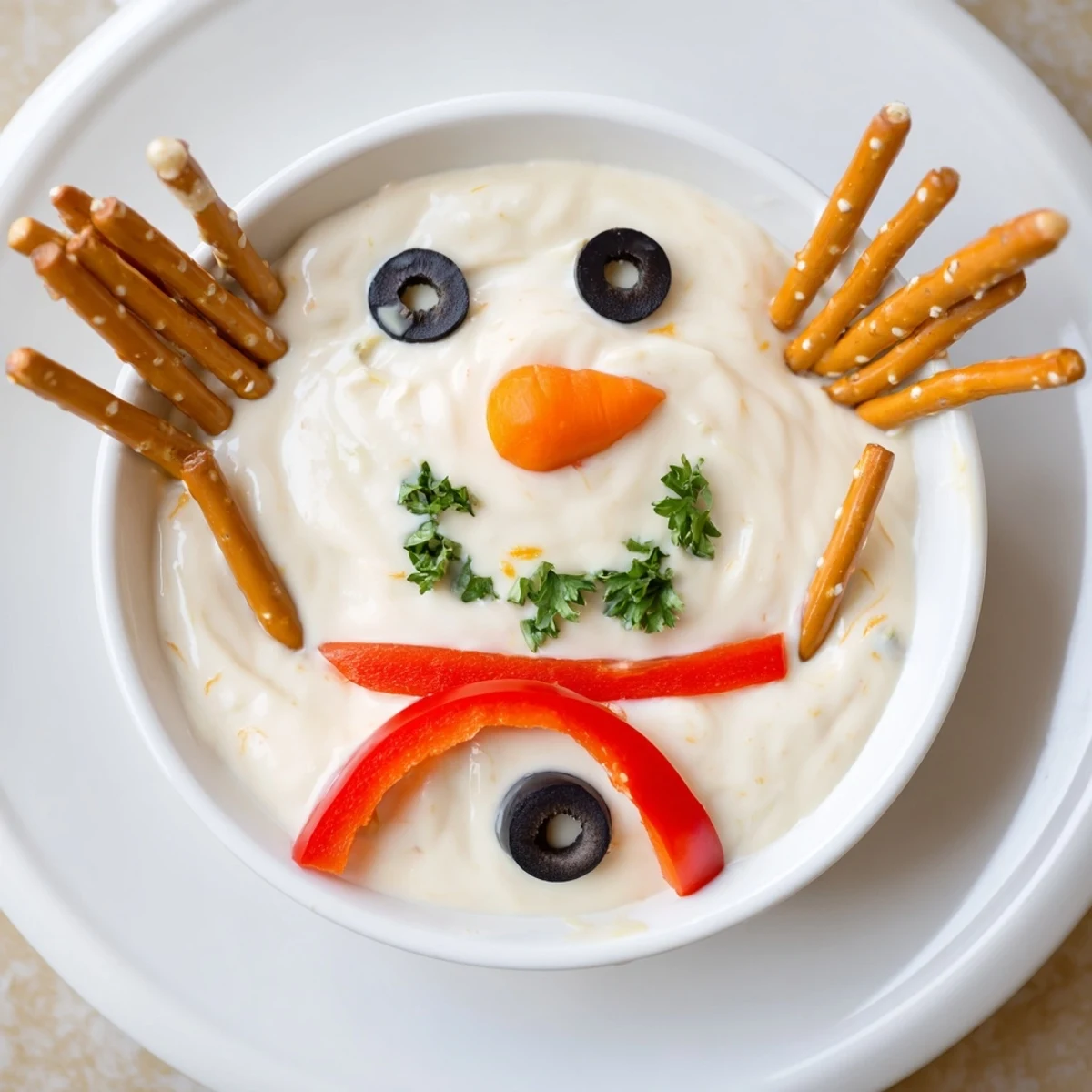 Enjoy a close-up of this delicious Melted Snowman Dip platter with crackers, perfect for your winter party!
