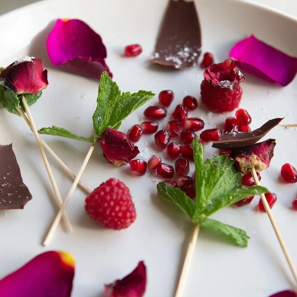 Close-up of elegant Baisers de Minuit garnishes, showcasing sugared citrus and dark chocolate shavings.