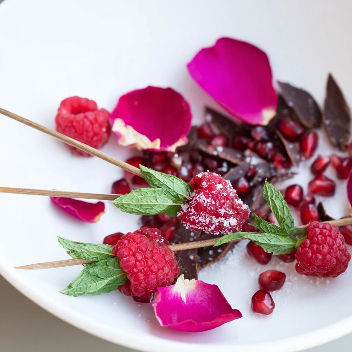 Freshly made Baisers de Minuit cocktail garnishes, featuring vibrant pomegranate and glistening edible glitter.