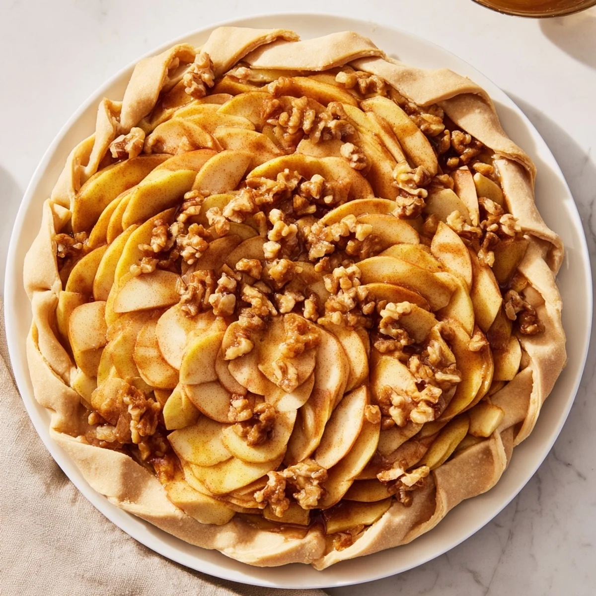 Golden-brown The Lattice Orchard dessert with a beautiful apple latticework and sweet walnut filling.