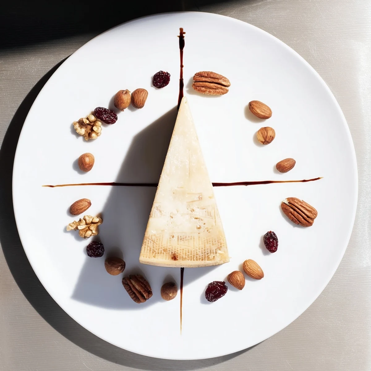 The Sundial cheese platter: A visually appealing arrangement of nuts and balsamic "shadows."