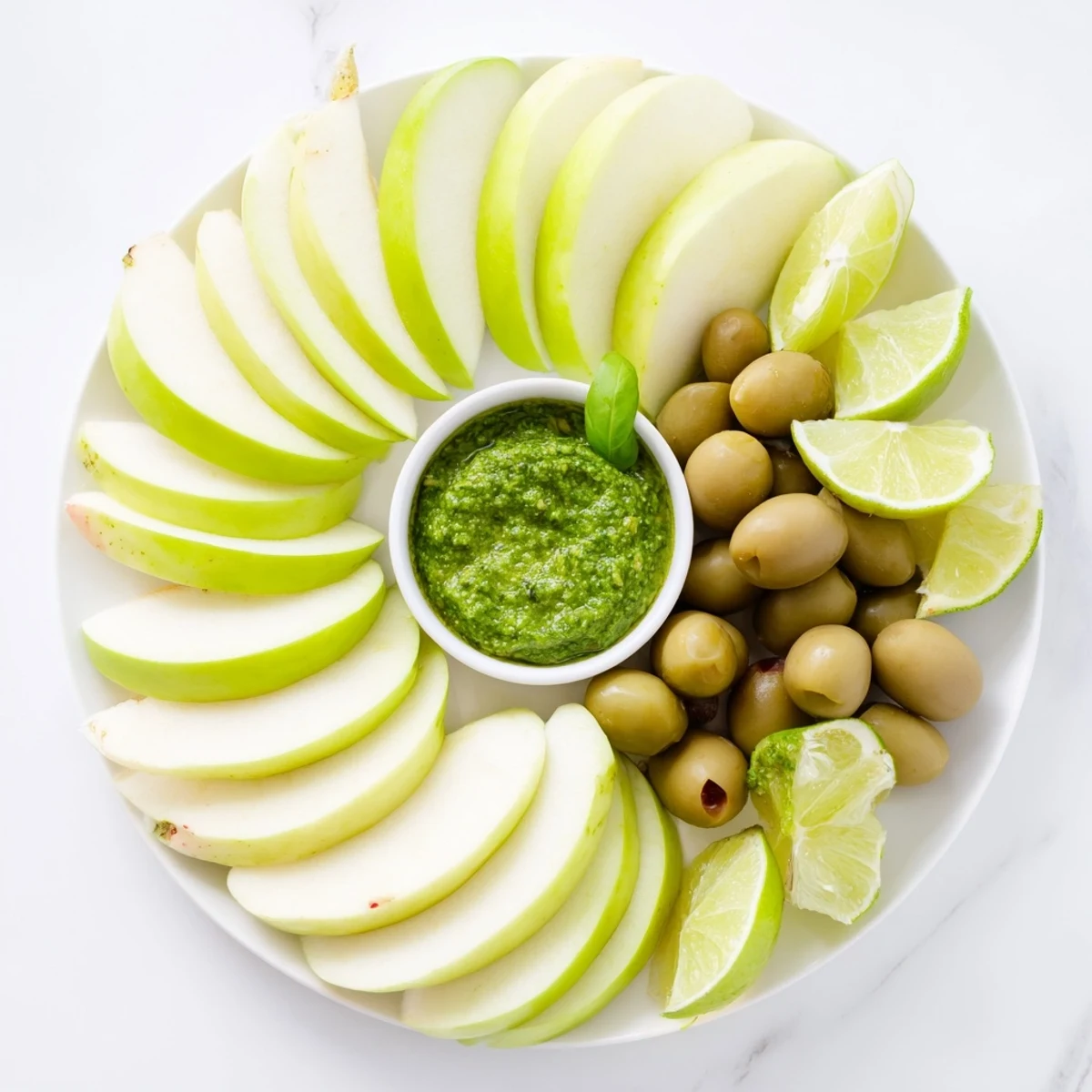 Emerald City snack board: Green apples, limes, pesto, and olives create a lively appetizer scene.