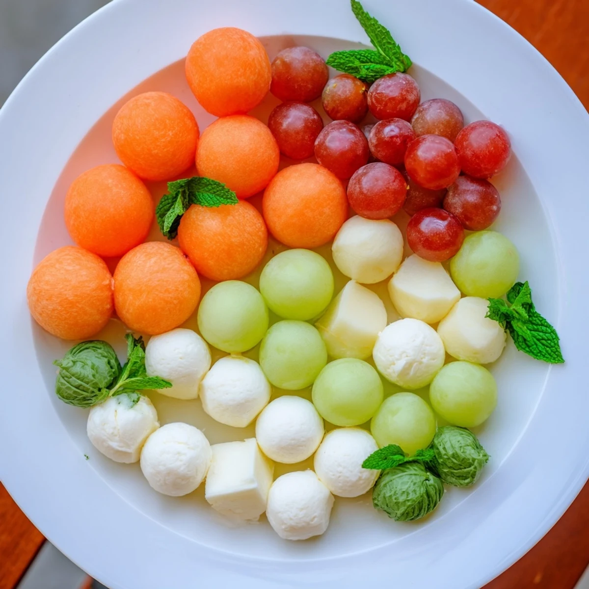 A vibrant polka dot platter appetizer, featuring colorful melon balls and grape clusters.
