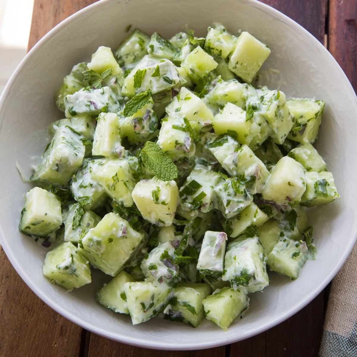 Cool, creamy Cucumber and Greek Yogurt Tzatziki Salad, perfect for summer eating with fresh herbs.