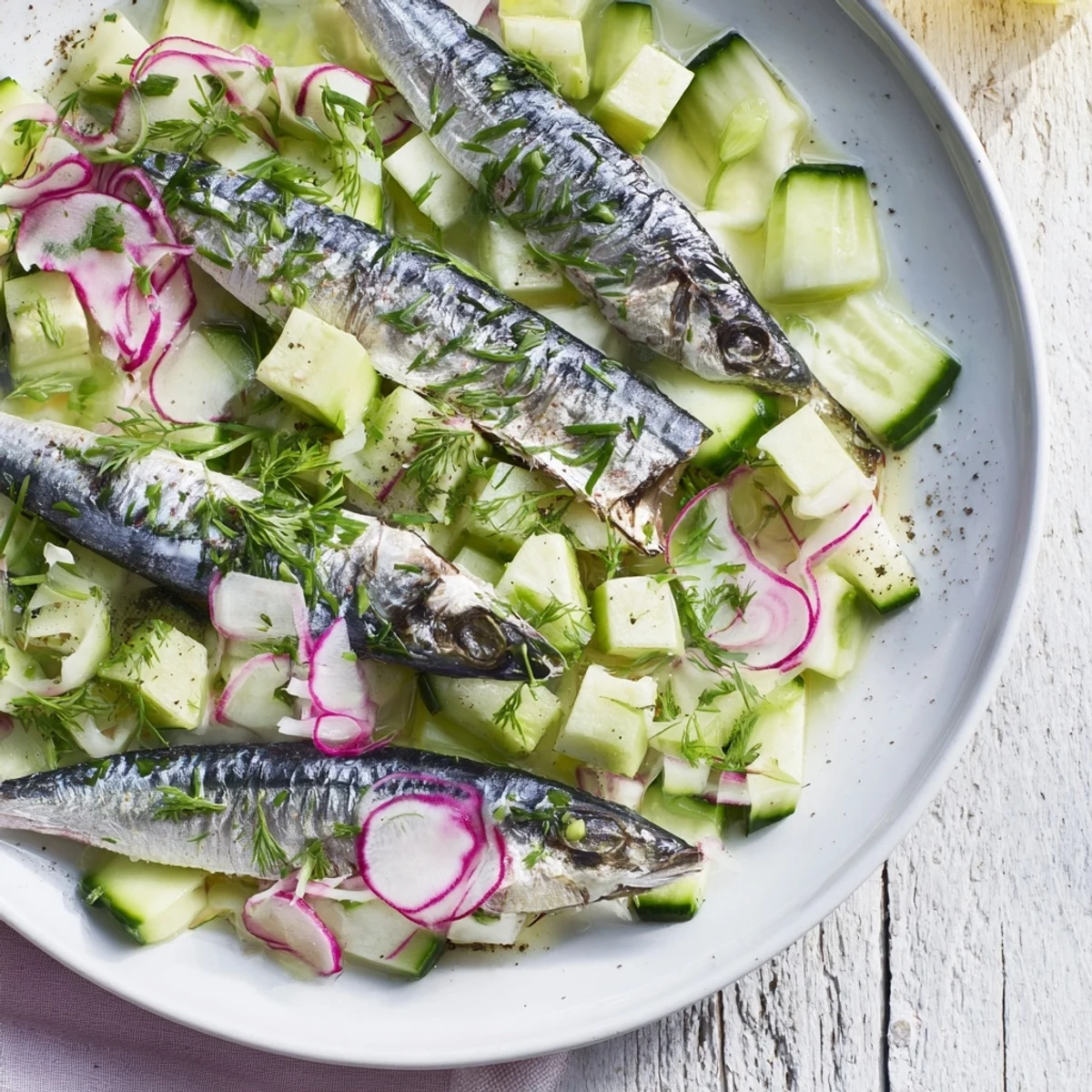A vibrant Cucumber and Tinned Fish Date Night Salad, layered for flavor, ready to enjoy with a partner.