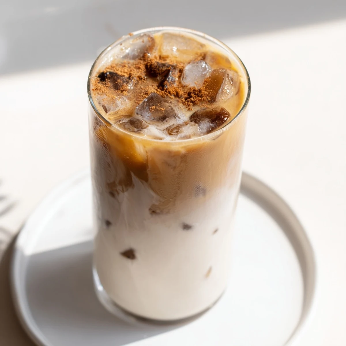 Glistening ice cubes cool the perfect Iced Brown Sugar Oat Latte, vegan and simple to make at home.