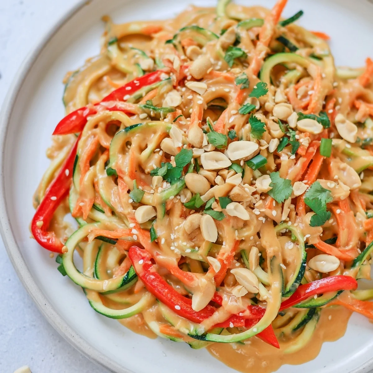 Vibrant Zesty Peanut Zucchini Noodles, a refreshing salad with colorful vegetables and a creamy peanut sauce.