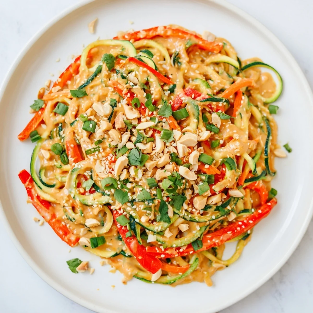 Beautiful bowl of Zesty Peanut Zucchini Noodles: spiralized zucchini with a peanut sauce and peanuts.
