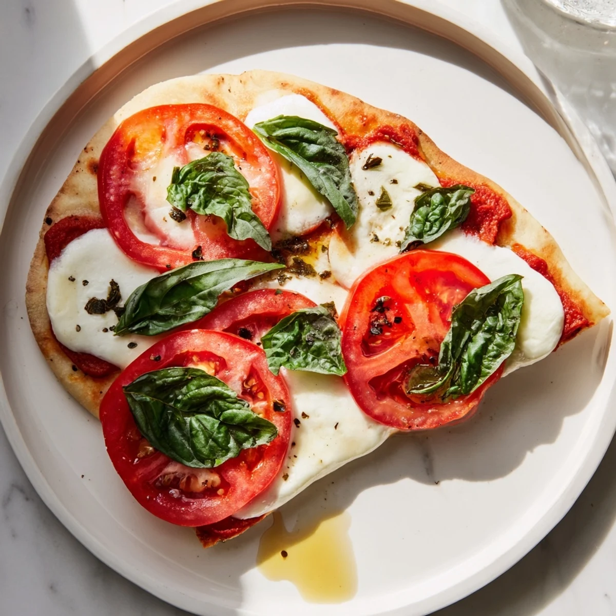 Quick Margherita Naan Pizza with melted mozzarella, ripe tomatoes, and fresh basil, ready to eat.