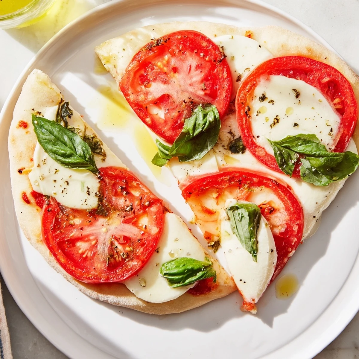 Golden, bubbly Quick Margherita Naan Pizza, a delightful Italian-Indian fusion meal with crispy naan crust.