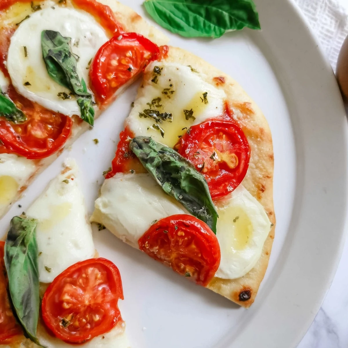 Enjoy a close-up of this delicious Quick Margherita Naan Pizza featuring fresh, vibrant ingredients and flavor.
