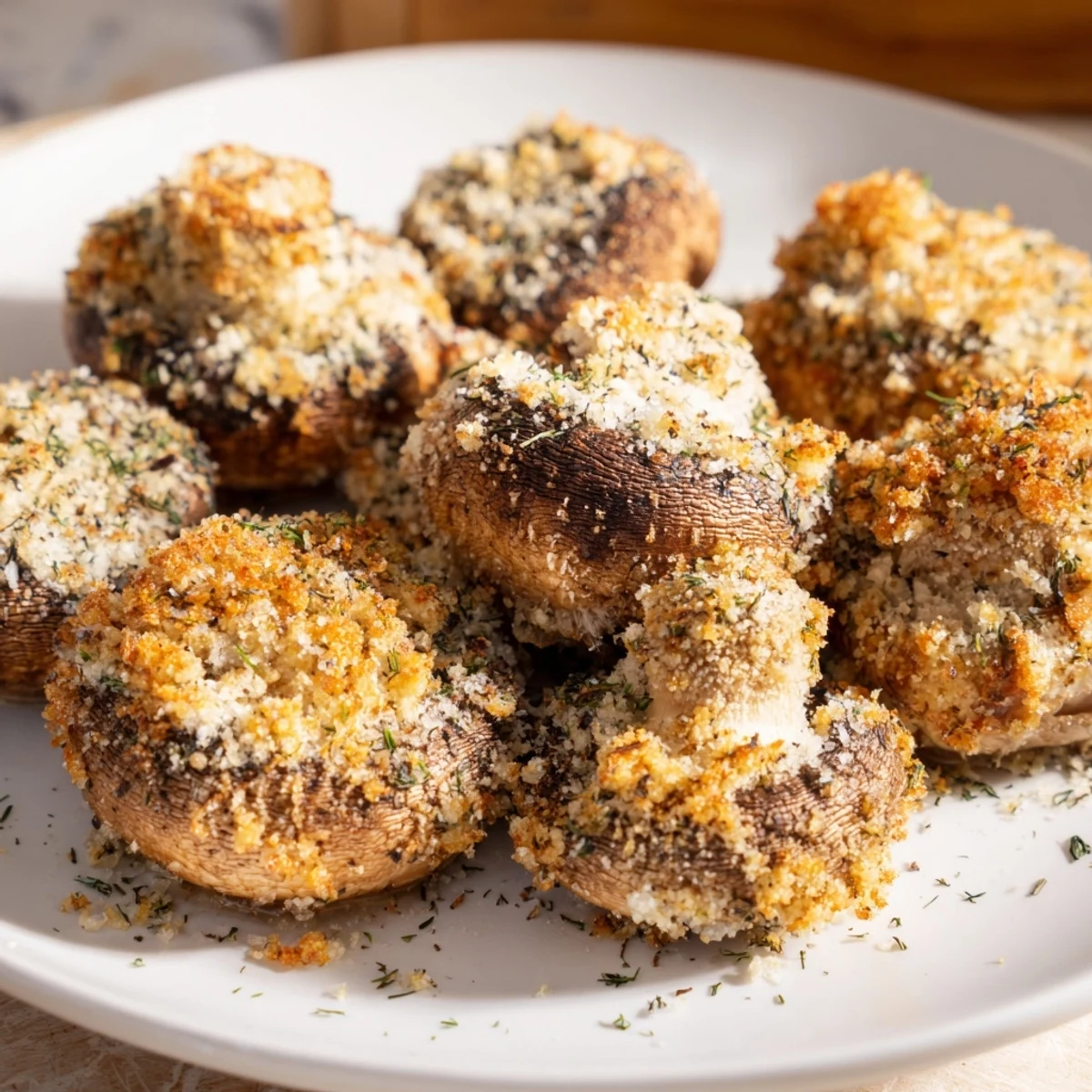 Oven-baked Ranch-Seasoned Crispy Mushrooms: a close-up shows the perfectly seasoned, crunchy exteriors.