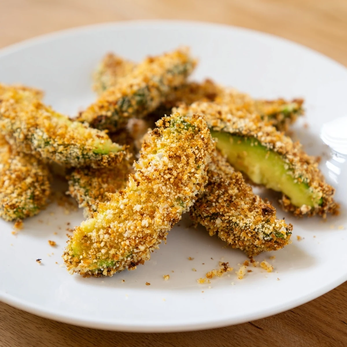 Golden, crispy baked avocado fries served fresh with lemon wedges ready to enjoy.