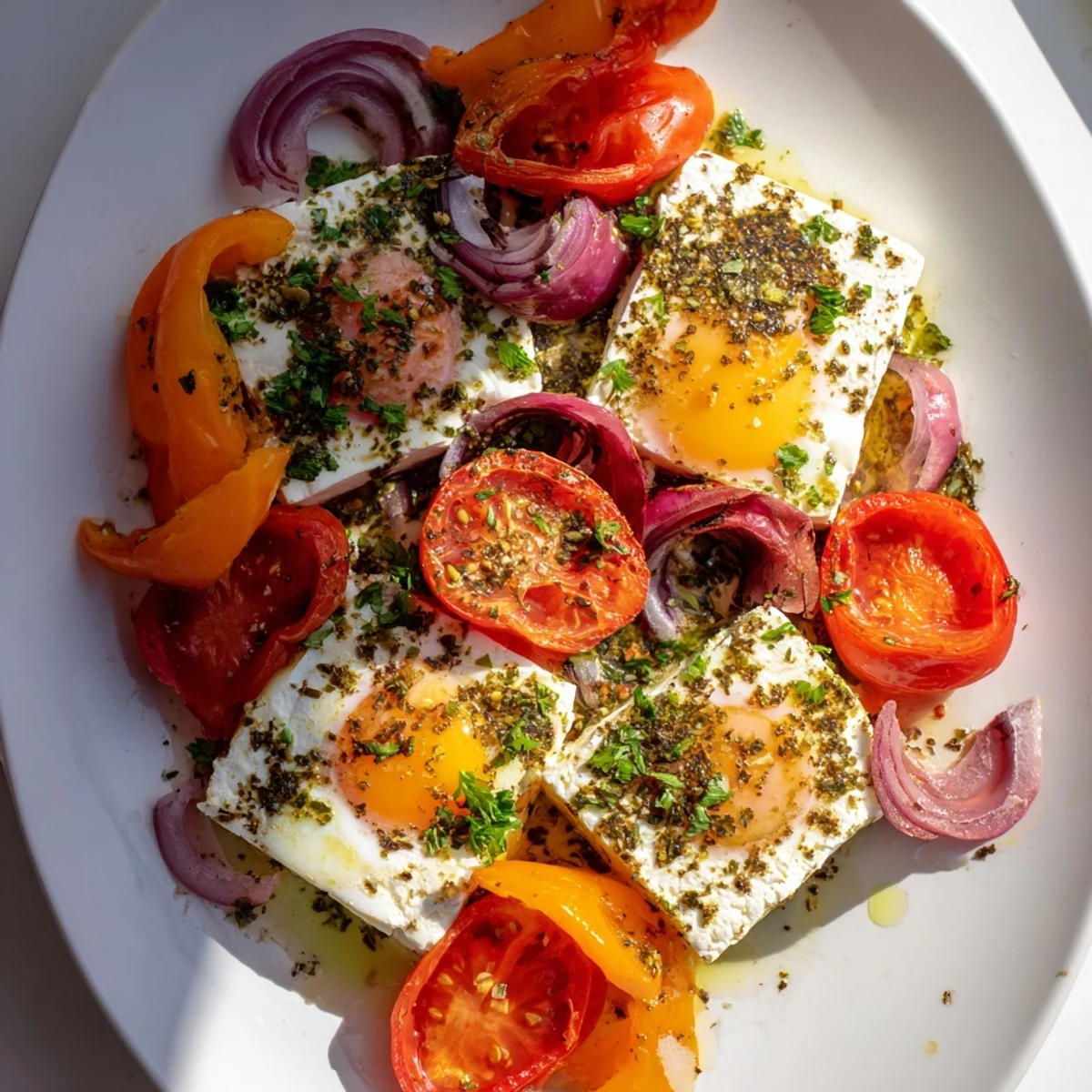 Golden-brown Mediterranean Baked Feta & Eggs, a delightful baked breakfast with runny yolks, invitingly delicious.