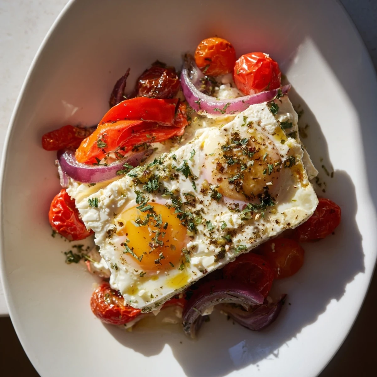 Savory, vibrant Mediterranean Baked Feta & Eggs with fresh herbs, ready to be served hot with crusty bread for a meal.