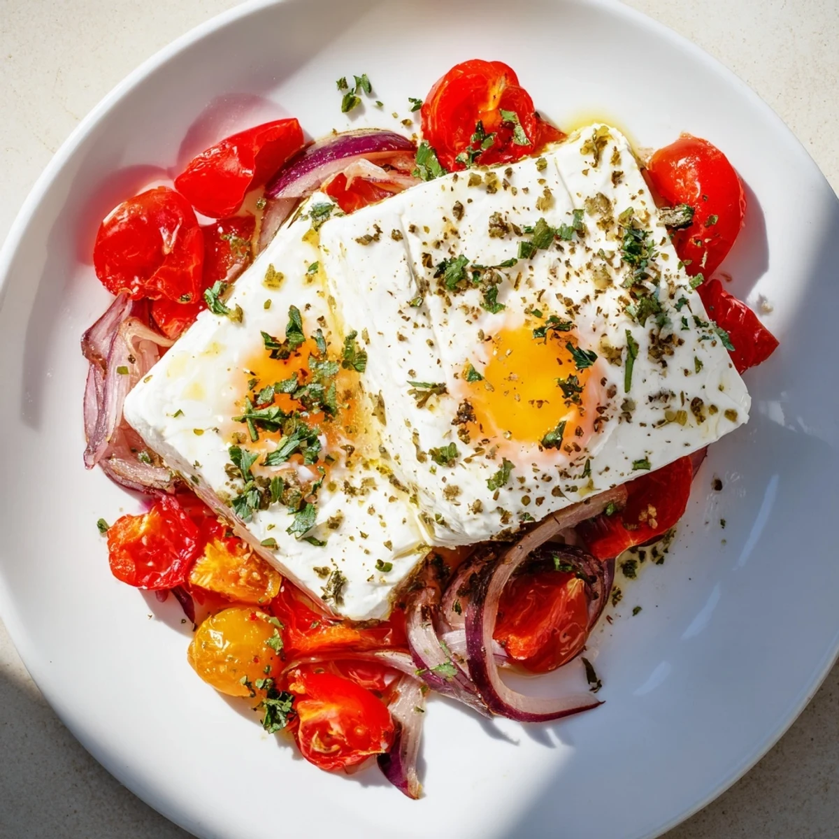 Warm oven-baked Mediterranean Baked Feta & Eggs featuring juicy tomatoes and creamy feta cheese, perfect for brunch.