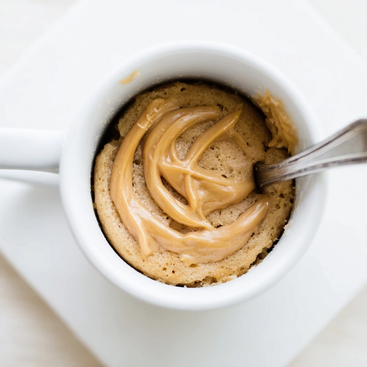 Delicious and quick, a single 2-Minute Peanut Butter Mug Cake topped with chocolate chips.