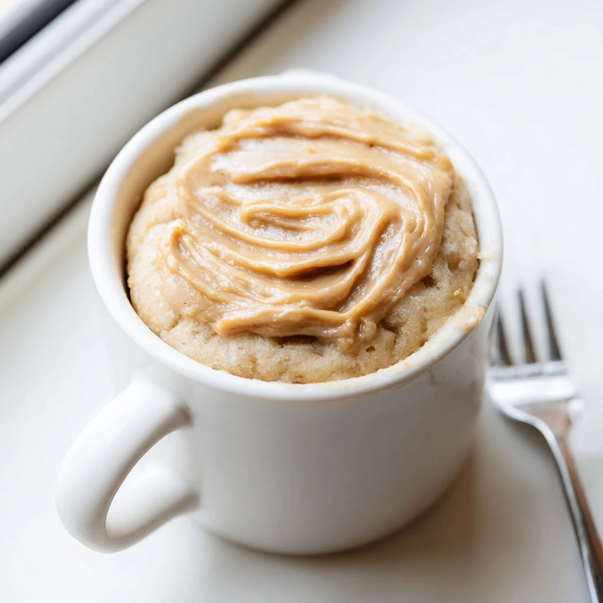 A single serving of 2-Minute Peanut Butter Mug Cake, with a rich, peanut buttery aroma.
