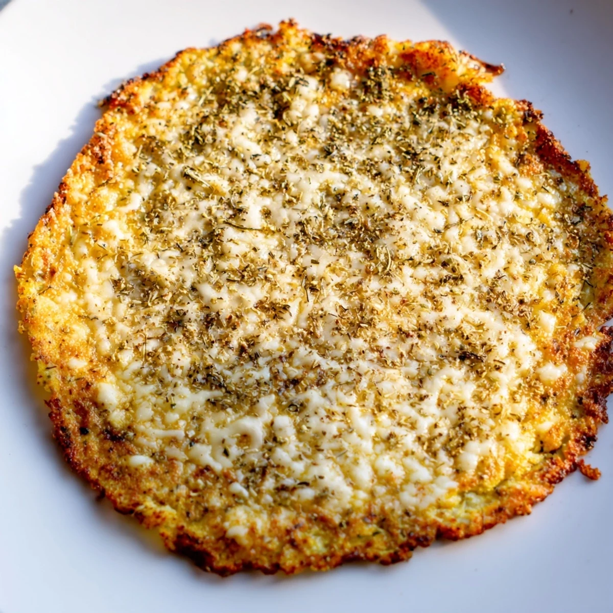Golden-brown cauliflower pizza crust, ready for toppings, promising a flavorful low-carb meal.